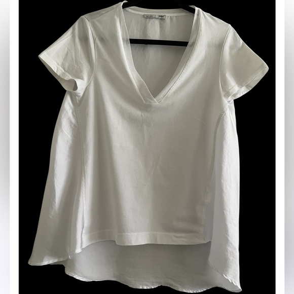 ZARA White V Neck Satin Effect Back T shirt Blouse - Picture 1 of 5